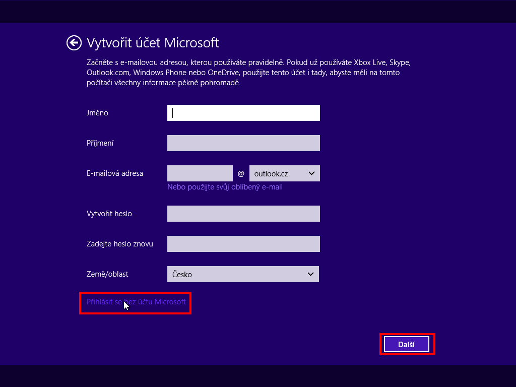 vytvoření účtu windows 8.1